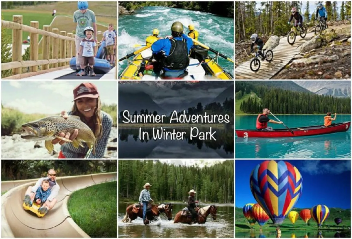 A vibrant outdoor scene featuring families engaging in a variety of activities such as rafting, mountain biking, fishing, kayaking, horseback riding, and sliding, all set against a scenic landscape with colorful hot air balloons overhead. The image radiates energy, playfulness, and togetherness.