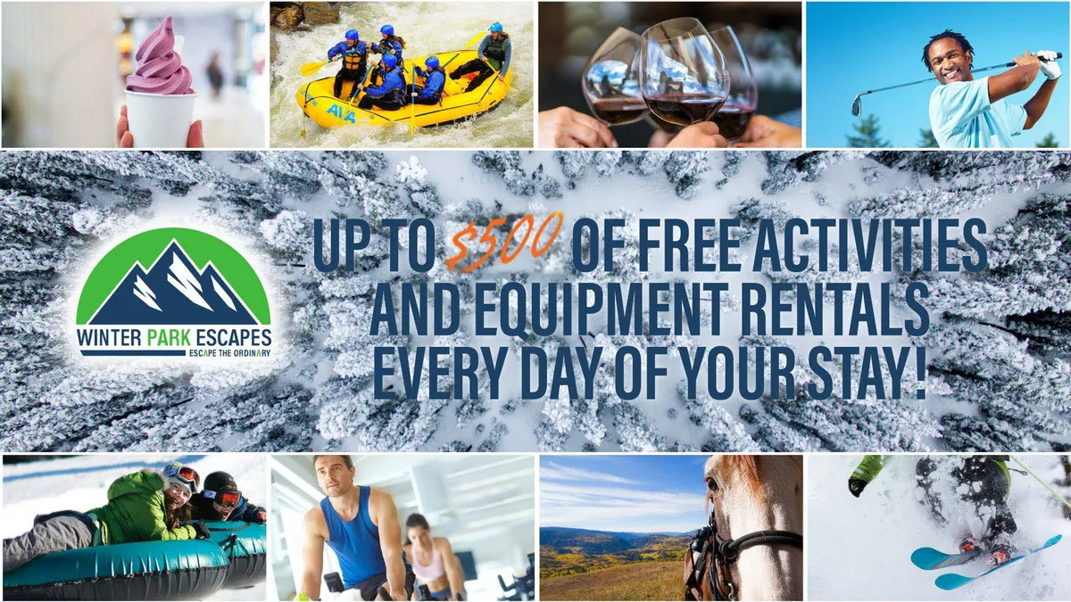 This lively exterior collage captures the spirit of adventure in Colorado, showcasing people white-water rafting, skiing, horseback riding, golfing, and enjoying local treats like ice cream and wine. The diverse activities and vibrant energy align perfectly with the section's emphasis on year-round outdoor thrills.